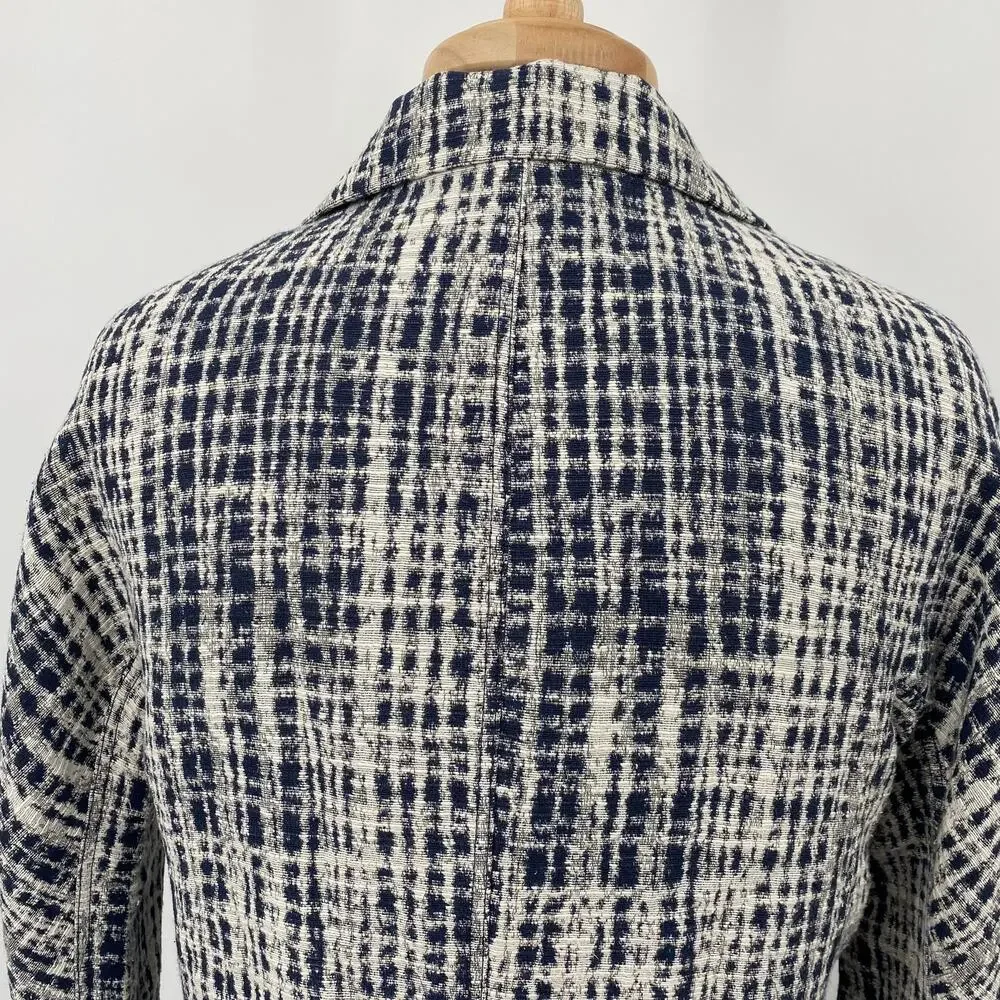 Lafayette 148 Blazer Textured Woven Abstract Plaid Check Pattern Navy Cream S
